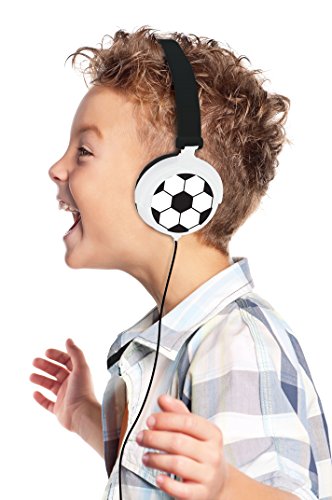 Lexibook- k Auriculares estéreo Football, potencia apta para niños, plegable y ajustable, negro/blanco, Color, (HP015FO)