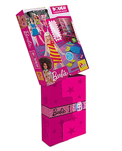 Lisciani, Barbie Glitter Dough Desfile de moda, 600 g de plastilina con purpurina y kit creativo, 88867 - Juego creativo para niñas a partir de 4 años