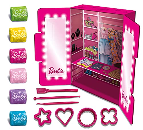 Lisciani, Barbie Glitter Dough Desfile de moda, 600 g de plastilina con purpurina y kit creativo, 88867 - Juego creativo para niñas a partir de 4 años