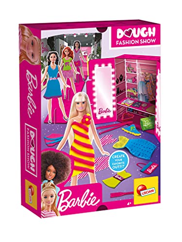 Lisciani, Barbie Glitter Dough Desfile de moda, 600 g de plastilina con purpurina y kit creativo, 88867 - Juego creativo para niñas a partir de 4 años