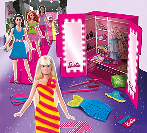 Lisciani, Barbie Glitter Dough Desfile de moda, 600 g de plastilina con purpurina y kit creativo, 88867 - Juego creativo para niñas a partir de 4 años