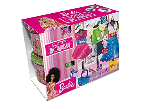 Lisciani, Barbie Glitter Dough Kit Moda, Botes en forma de corazón, Plastilina con purpurina, Pack 4 x 100 g, 88843 -Juego creativo para niñas a partir de 3 años