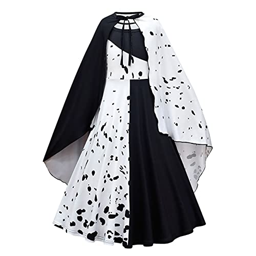 Lito Angels Disfraz de Cruella con Capa, Vestido de Lunares Dálmatas en Blanco y Negro para Niñas, Talla 12-13 años