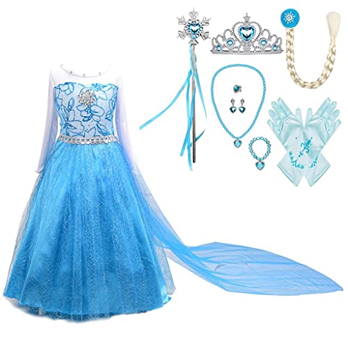 Lito Angels Disfraz de Princesa Elsa Reina de Nieve Vestido de Reino del Hielo con capa Desmontable y Accesorios para Niñas, Talla 7-8 años, E