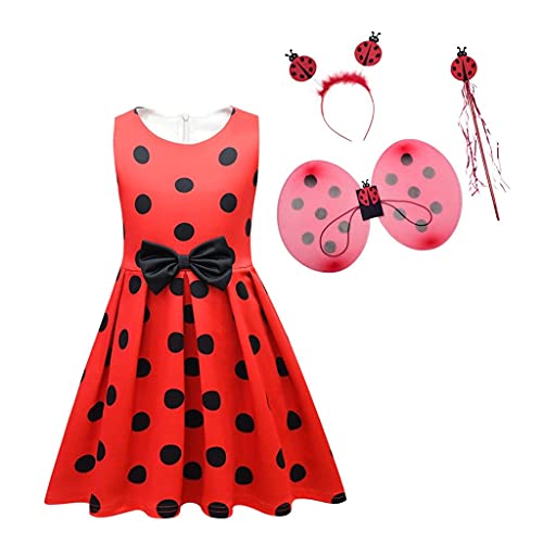 Lito Angels Disfraz Vestido de Ladybug Mariquita con Alas y Accesorios para Niñas Talla 6-7 años, Lunares Rojos