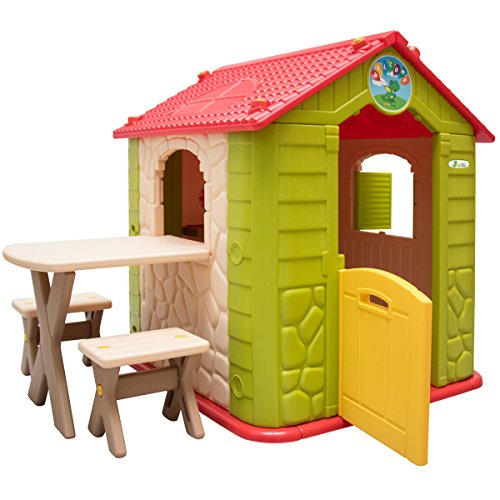 LittleTom Casa de Juegos para niños y niñas Incl 1 Mesa 2 taburetes Casita de plástico para Interiores y Exteriores Verde Beige