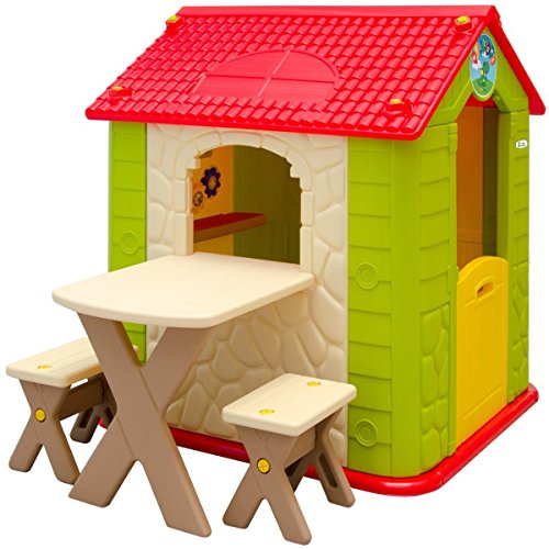 LittleTom Casa de Juegos para niños y niñas Incl 1 Mesa 2 taburetes Casita de plástico para Interiores y Exteriores Verde Beige