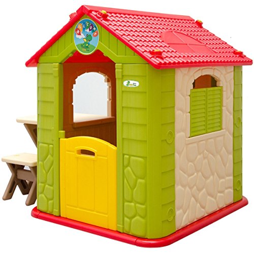 LittleTom Casa de Juegos para niños y niñas Incl 1 Mesa 2 taburetes Casita de plástico para Interiores y Exteriores Verde Beige