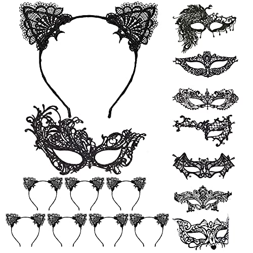 LOOPES 8pcs Mascara Halloween 8pcs Diadema Orejas Gato Máscaras Venecianas Antifaz Negro Catrina Catwoman Hombre Mujer Fiesta Elegante Encaje Mascarada Masquerade Carnival Baile Disfraces Cosplay.