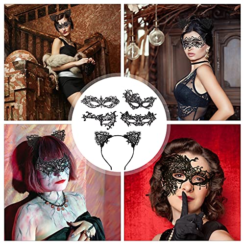 LOOPES 8pcs Mascara Halloween 8pcs Diadema Orejas Gato Máscaras Venecianas Antifaz Negro Catrina Catwoman Hombre Mujer Fiesta Elegante Encaje Mascarada Masquerade Carnival Baile Disfraces Cosplay.