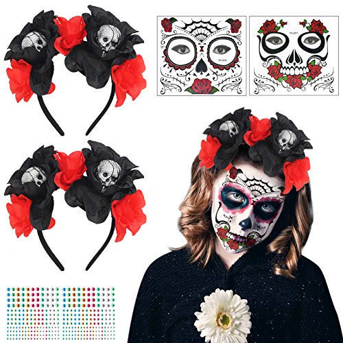 LOPOTIN 2pcs Tiaras de Flores Corona Diadema Roja Rosa Disfraz Mexicana El Día de Muertos 2pcs Tatuajes Cara Catrina para Novias Demonio de Carnival Halloween Fiestas México Mujeres Hombres Niños.