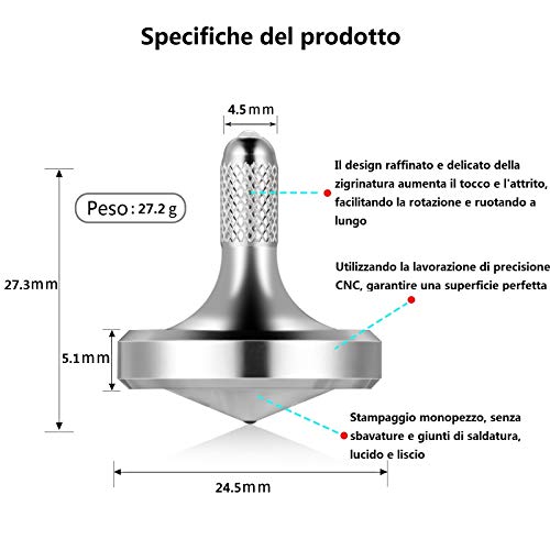 Loqatidis Peonza giratoria de Acero Inoxidable,Tiempo de Giro Superior a 7 Minutos,Juguetes de giroscopio de descompresión para Matar el Tiempo,Soporte rotación Invertida (M, Plata)