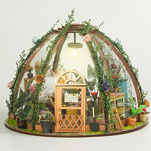 LXQLLJJD Casa De Muñecas De Bricolaje con Luces, Muebles Y Plantas, Kit Modelo para Construir Invernadero Diorama, Jardín Transparente Semicircular Hecho a Mano, Mini Juguetes para Niñas