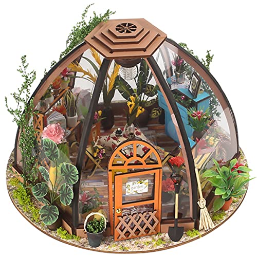 LXQLLJJD Casa De Muñecas De Bricolaje con Luces, Muebles Y Plantas, Kit Modelo para Construir Invernadero Diorama, Jardín Transparente Semicircular Hecho a Mano, Mini Juguetes para Niñas