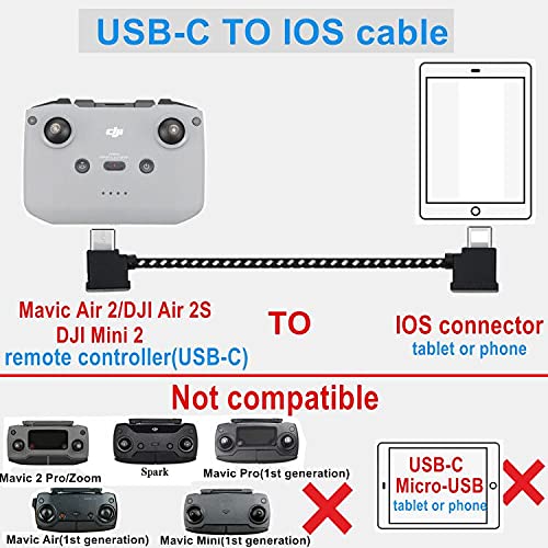 LYONGTECH Cable trenzado de nailon USB C a iOS de 11.8 pulgadas para control remoto DJI Mini 2/Mavic Air 2, 1FT OTG Tablet Phone Extensión larga Cable de datos RC (conector iOS)