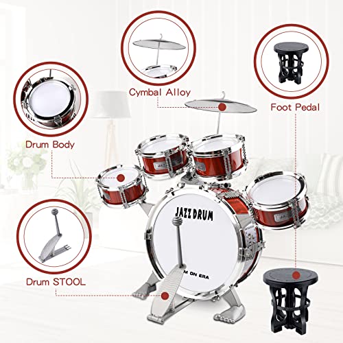 m zimoon Batería de música para niños Kit, Juego Tambor Jazz Junior 5 Tambores con Taburete Para Instrumento Musical de Percusión Día ​Festivo Regalo uguete Educativo Por Niños Y Niñas Principiantes