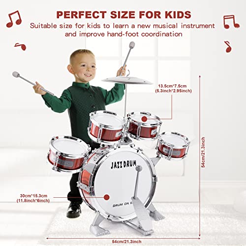 m zimoon Batería de música para niños Kit, Juego Tambor Jazz Junior 5 Tambores con Taburete Para Instrumento Musical de Percusión Día ​Festivo Regalo uguete Educativo Por Niños Y Niñas Principiantes