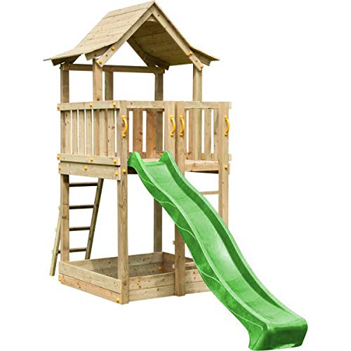 MASGAMES | Parque Infantil Torre Pagoda L + Columpio | Plataforma 120 cm de Altura | Columpio de Dos plazas con Asientos Planos de plástico y Cuerdas | Anclajes incluidos | Uso doméstico |