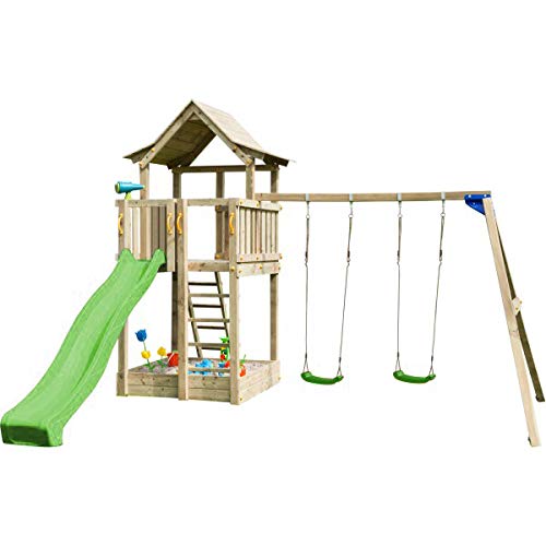 MASGAMES | Parque Infantil Torre Pagoda L + Columpio | Plataforma 120 cm de Altura | Columpio de Dos plazas con Asientos Planos de plástico y Cuerdas | Anclajes incluidos | Uso doméstico |