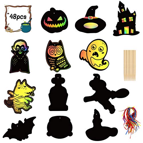 Matogle 48 piezas de Halloween Scratch Art Craft Scratch Castle Pumpkin Ghost Bat Adorno Kits de manualidades para niños Regalo perfecto para que los niños diseñen y decoren