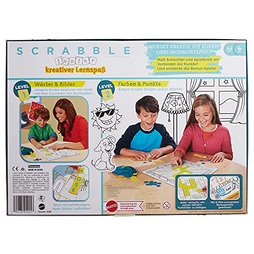 Mattel Games HCK86 Scrabble Junior Kids - Puzle con 2 Niveles de Juego, 6 minijuegos y Pegatinas para el diseño Individual de Tablero de Juego, a Partir de 6 años