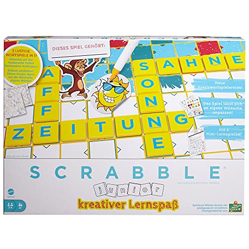 Mattel Games HCK86 Scrabble Junior Kids - Puzle con 2 Niveles de Juego, 6 minijuegos y Pegatinas para el diseño Individual de Tablero de Juego, a Partir de 6 años