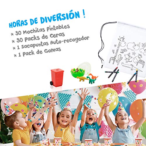 Mega Pack de 20 Mochilas para Pintar con Ceras - Diversión Asegurada - Original Regalo para Cumpleaños, Fiestas Infantiles en el Colegio y Comuniones - Incluye Regalos Extra para Divertido Concurso