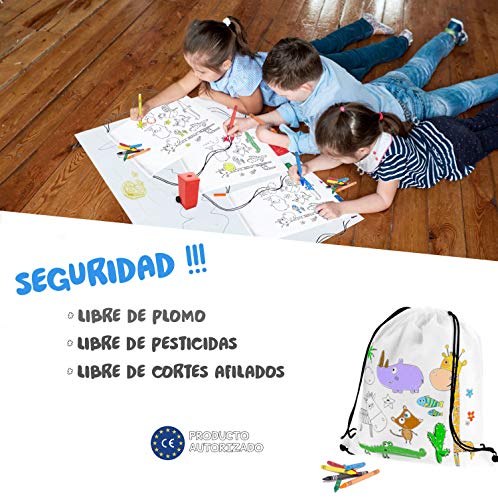 Mega Pack de 20 Mochilas para Pintar con Ceras - Diversión Asegurada - Original Regalo para Cumpleaños, Fiestas Infantiles en el Colegio y Comuniones - Incluye Regalos Extra para Divertido Concurso