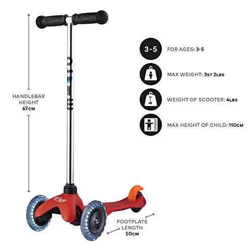 Micro ® Mini Classic LED, Patinete 3 Ruedas, 2-5 Años, Peso 1,90kg, Carga Máx 50kg, Altura 68cm, Rodamientos ABEC9 (Rojo)