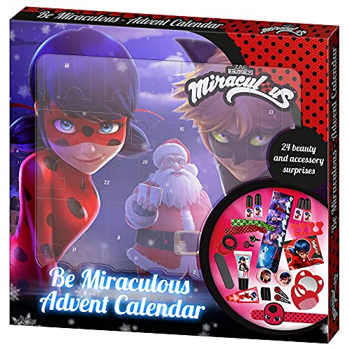 Miraculous - Calendario de Adviento para niños, con sorpresas de belleza y accesorios para el pelo, caja decorativa para colocar, idea de regalo especial para niñas y pequeños fans de los superhéroes.