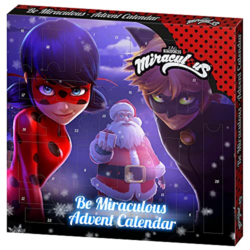 Miraculous - Calendario de Adviento para niños, con sorpresas de belleza y accesorios para el pelo, caja decorativa para colocar, idea de regalo especial para niñas y pequeños fans de los superhéroes.