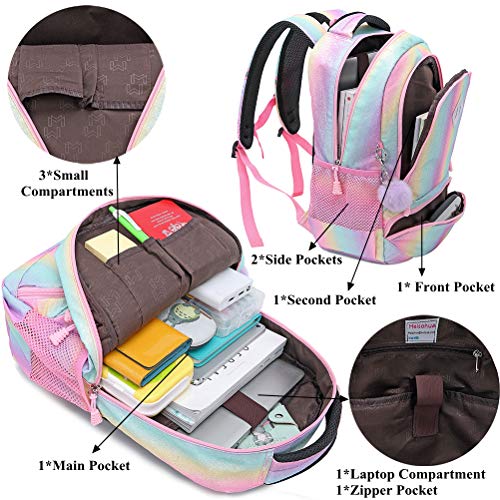 Mochila Escolar Niñas Colorida Mochila Arco Iris para Chica y Mujeres,3 en 1 Sets de Bolsas Escolares Infantiles + Bolsa del Almuerzo + Estuche - Adolescentes Mochila Girls Rainbow Glitter Backpack