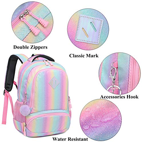 Mochila Escolar Niñas Colorida Mochila Arco Iris para Chica y Mujeres,3 en 1 Sets de Bolsas Escolares Infantiles + Bolsa del Almuerzo + Estuche - Adolescentes Mochila Girls Rainbow Glitter Backpack