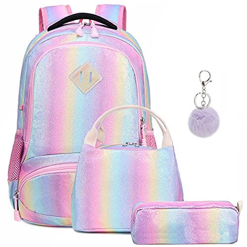 Mochila Escolar Niñas Colorida Mochila Arco Iris para Chica y Mujeres,3 en 1 Sets de Bolsas Escolares Infantiles + Bolsa del Almuerzo + Estuche - Adolescentes Mochila Girls Rainbow Glitter Backpack