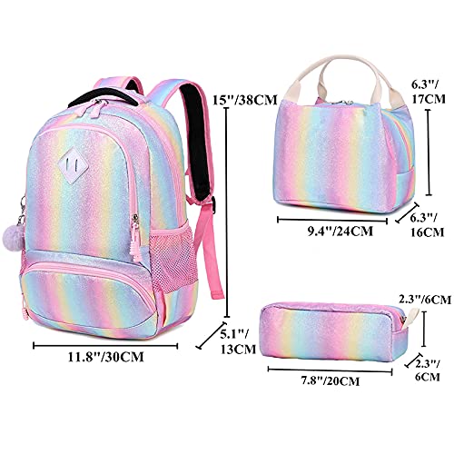 Mochila Escolar Niñas Colorida Mochila Arco Iris para Chica y Mujeres,3 en 1 Sets de Bolsas Escolares Infantiles + Bolsa del Almuerzo + Estuche - Adolescentes Mochila Girls Rainbow Glitter Backpack