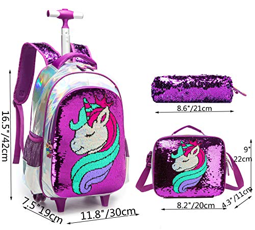 Mochila Unicornio Escolar con Ruedas Chico Genial,Lentejuelas mágicas Estudiantes de Primaria Carros para Mochilas Bolsa de Almuerzo Estuche Escolares Equipaje de Viaje Multifuncional(Púrpura)