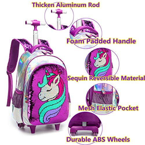 Mochila Unicornio Escolar con Ruedas Chico Genial,Lentejuelas mágicas Estudiantes de Primaria Carros para Mochilas Bolsa de Almuerzo Estuche Escolares Equipaje de Viaje Multifuncional(Púrpura)