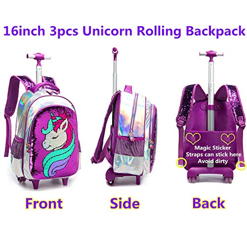 Mochila Unicornio Escolar con Ruedas Chico Genial,Lentejuelas mágicas Estudiantes de Primaria Carros para Mochilas Bolsa de Almuerzo Estuche Escolares Equipaje de Viaje Multifuncional(Púrpura)