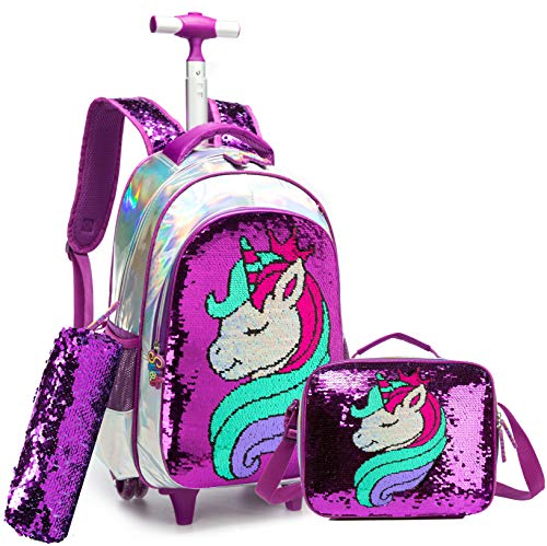 Mochila Unicornio Escolar con Ruedas Chico Genial,Lentejuelas mágicas Estudiantes de Primaria Carros para Mochilas Bolsa de Almuerzo Estuche Escolares Equipaje de Viaje Multifuncional(Púrpura)