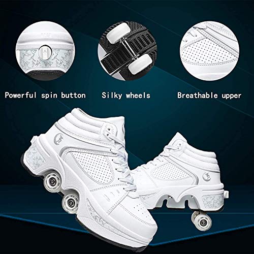 MQJ Patines para Las Mujeres 4 Ruedas Ajustable Quad Troller Skates Boots, Niños 2-En-1 Zapatos Multiusos, Patines para Adultos Mujeres Universal para Caminar (8-40 Años),Blanco,40Eu / 9Us