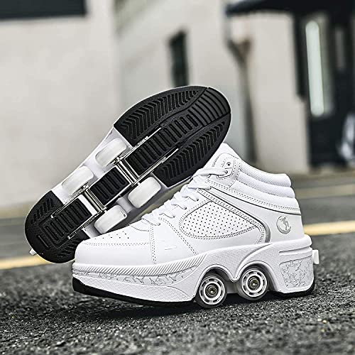 MQJ Patines para Las Mujeres 4 Ruedas Ajustable Quad Troller Skates Boots, Niños 2-En-1 Zapatos Multiusos, Patines para Adultos Mujeres Universal para Caminar (8-40 Años),Blanco,40Eu / 9Us