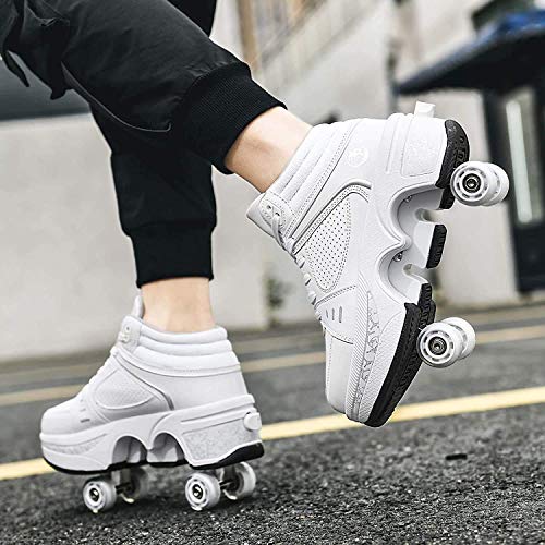 MQJ Patines para Las Mujeres 4 Ruedas Ajustable Quad Troller Skates Boots, Niños 2-En-1 Zapatos Multiusos, Patines para Adultos Mujeres Universal para Caminar (8-40 Años),Blanco,40Eu / 9Us