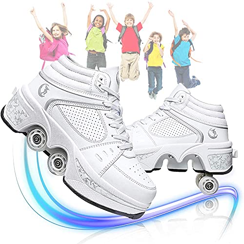 MQJ Patines para Las Mujeres 4 Ruedas Ajustable Quad Troller Skates Boots, Niños 2-En-1 Zapatos Multiusos, Patines para Adultos Mujeres Universal para Caminar (8-40 Años),Blanco,40Eu / 9Us