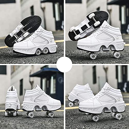 MQJ Patines para Las Mujeres 4 Ruedas Ajustable Quad Troller Skates Boots, Niños 2-En-1 Zapatos Multiusos, Patines para Adultos Mujeres Universal para Caminar (8-40 Años),Blanco,40Eu / 9Us