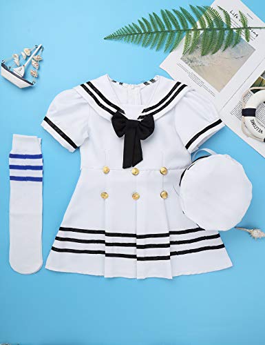 MSemis Disfraz Marinera para Niñas Vestido Corto Salior Uniforme de Marino Coaplay Niña Anime 3Pcs Disfraces Lujosos Infantiles Reyes Magos Fiesta Cumpleaños Blanco 3-4 Años