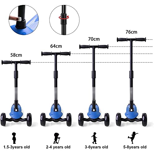 MZDJDM Patinete de 3 Ruedas para niños de 2 años de Edad, para niños pequeños, Mango de Altura Ajustable con Ruedas Intermitentes de PU para niños, niñas, niños (Azul)