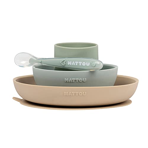 Nattou Vajilla de silicona para niños, 4 piezas, 1 Taza, 1 cuchara, 1 plato, 1 bol, Antideslizante, Sin BPA, Silicona, Beige/Verde