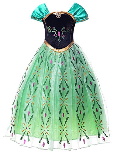 New front Vestido Niña Princesa Elsa Disfraz Reina de las Nieves Chica Princesa Anna Verde Diadema Varita Mágica Costume Navidad Carnaval Halloween Cumpleaños 3-8 Años Cosplay