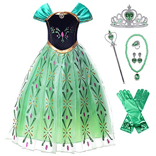 New front Vestido Niña Princesa Elsa Disfraz Reina de las Nieves Chica Princesa Anna Verde Diadema Varita Mágica Costume Navidad Carnaval Halloween Cumpleaños 3-8 Años Cosplay