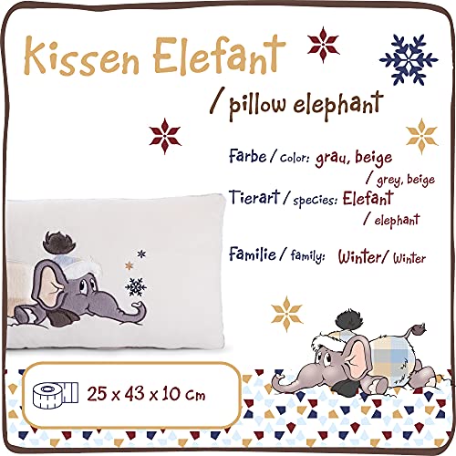 NICI 47294 Cojín de Peluche con Elefante en Traje de Nieve – Cojines de Animales esponjosos para niñas, niños y bebés – Tierna Almohada Rectangular de la colección de Invierno, 43x25cm, Beige/Gris